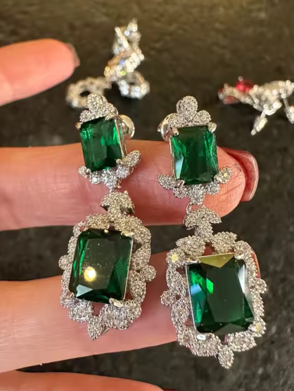Luxury Emerald Green Crystal Drop Earrings with Pavé Accents